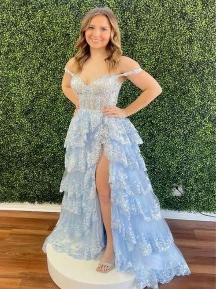 Vestidos escolares de formatura longos brilhantes com fenda para vestido de festa à noite