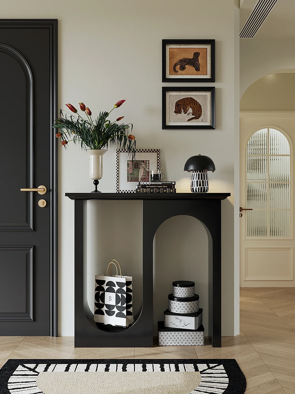 French porch table entry art minimalist black decorative cabinet corridor against the wall double arch design shelf partition