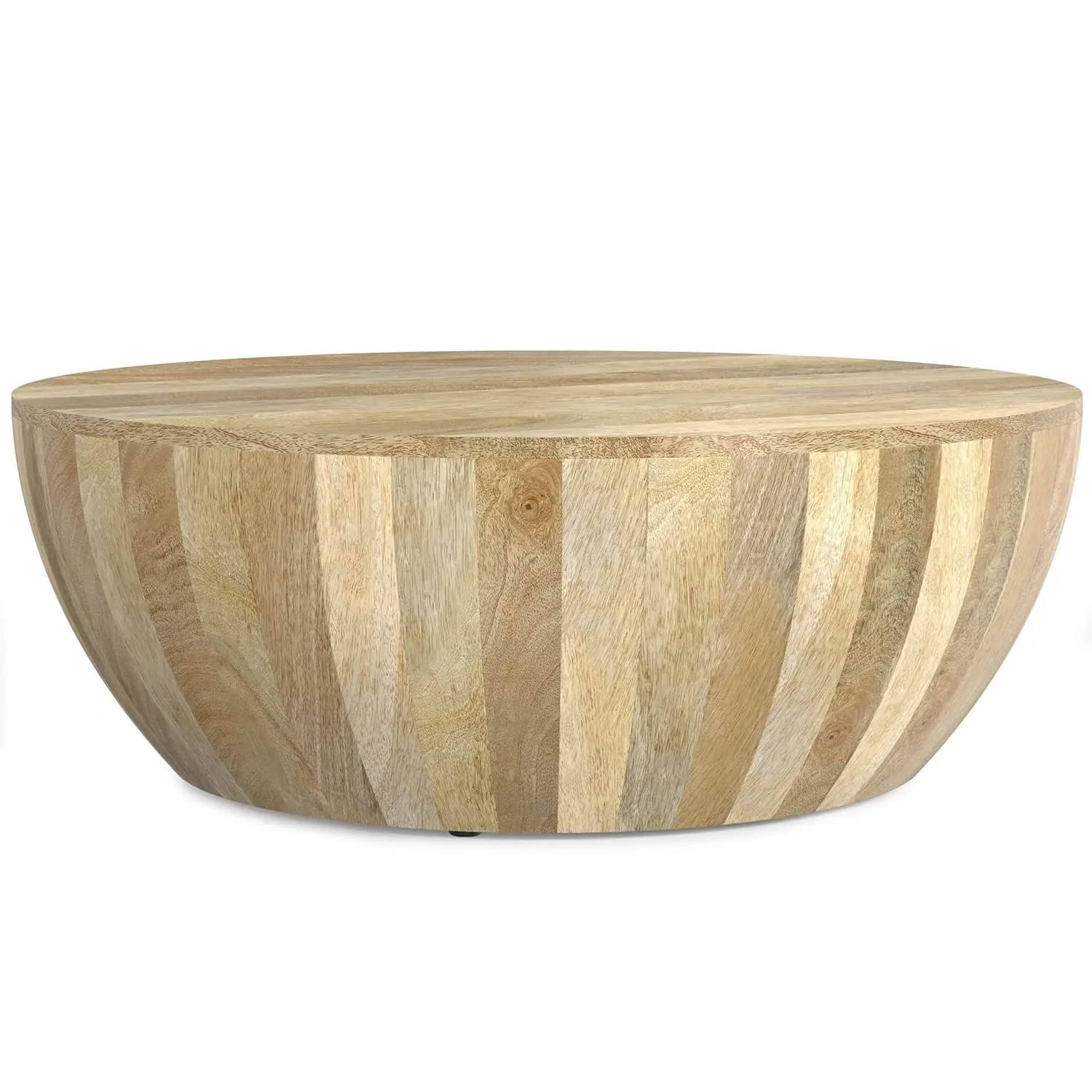 

Coffee Table - 34 Inch Wide Solid Mango Wood Modern Industrial Round Drum Cocktail Table In Natural, Sculptural Living