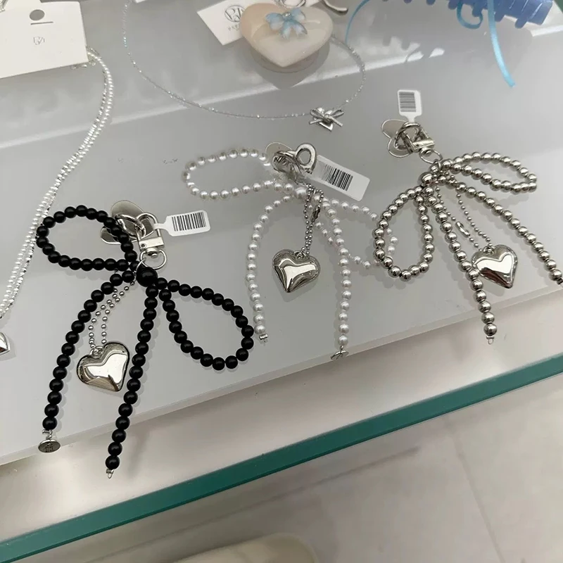 Handmade Pearl Bow Shaped Pendant Keyring Delicate Beaded Key Chain Heart Keychain Ornament Pearl Decoration For Bags Phones image 2