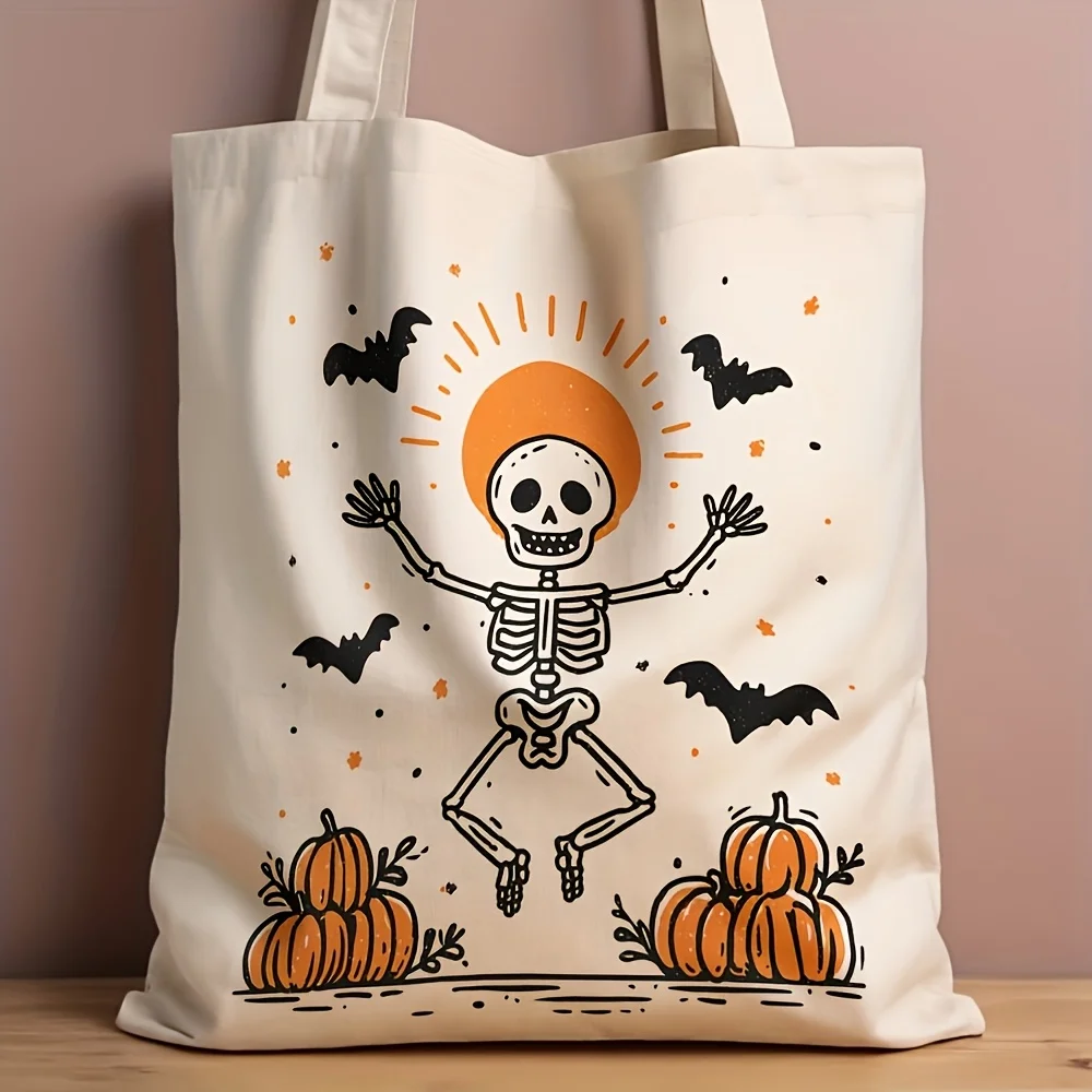 Double-Sided Print Funny Jumping Skeleton Halloween Shoulder Bag, Cartoon Dancing Skull, Orange Sunset, Bat & Stacked Pumpkin Pr