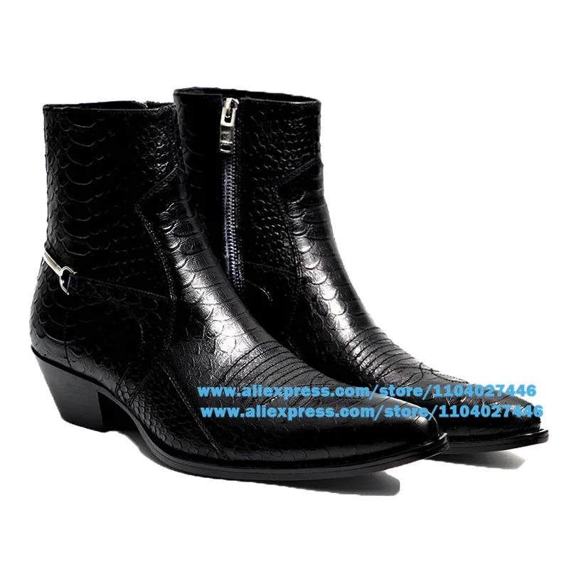 

Black Leather Side Zipper Boots for Men Solid Color Metallic Decor High-Top Booties Luxury Handmade Trendy Men Shoes Botas