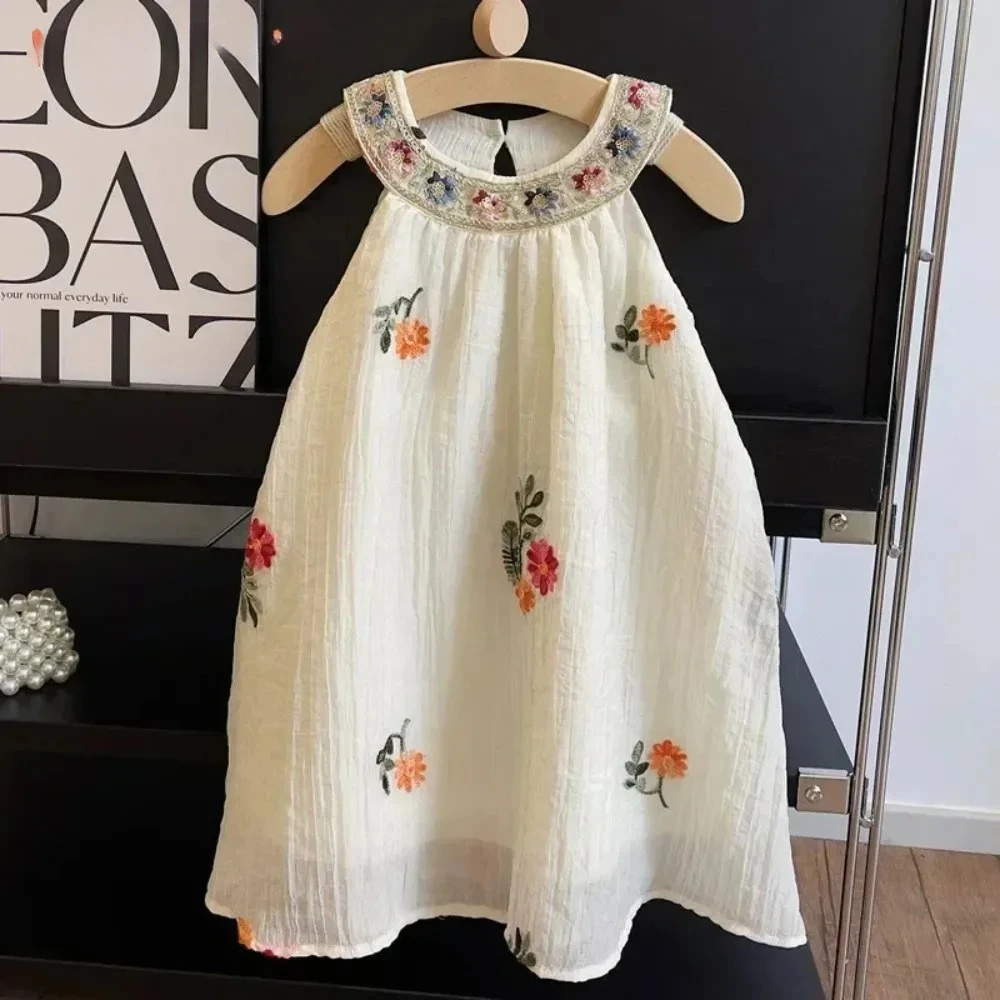 Beige Summer New Girl Round Neck Hanging Neck Flower Embroidered Mesh Dress Sweet and Cute