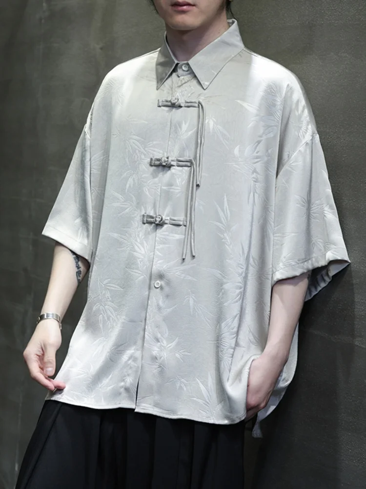 

Мужская летняя рубашка из ледяного шелка с коротким рукавом, новая модель в китайском стиле, с цветочной вышивкой, на пуговицах, в стиле Ханьфу, тонкая, молодежная, трендовая, свободного кроя