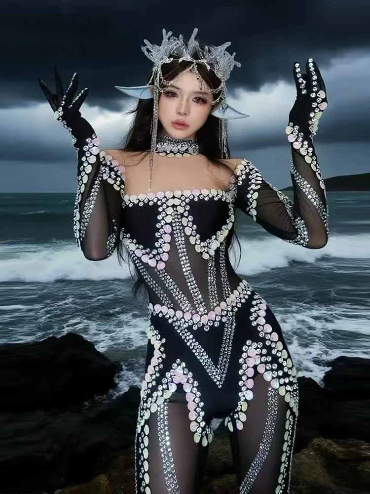 Glitter Sequin Long Sleeve Bodysuit Sexy Black Performance Clothes Singer Showgirl Stage Wear Gogo Nightclub Dance Costume 4308