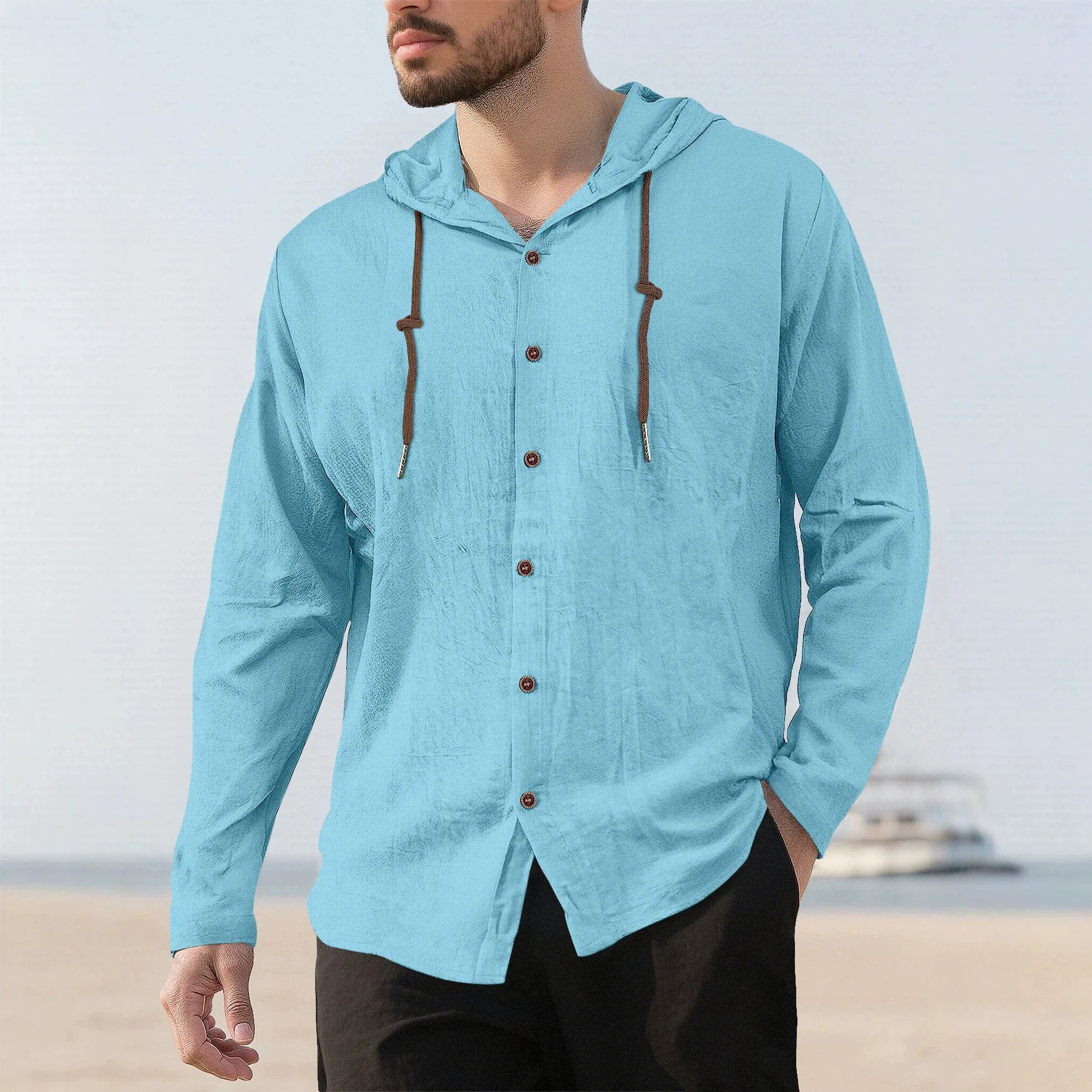Men Hoodie Linen Look Cotton Shirt Loose Casual Lightweight Breathable Solid Pullover Long Sleeve European Size Hooded Sweatshir