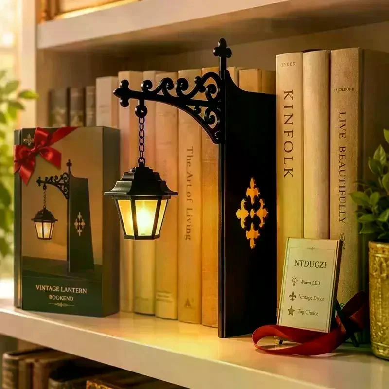 Vintage Hanging Bookshelf Lantern With Warm LED Light And Metal Bracket For Home Decor