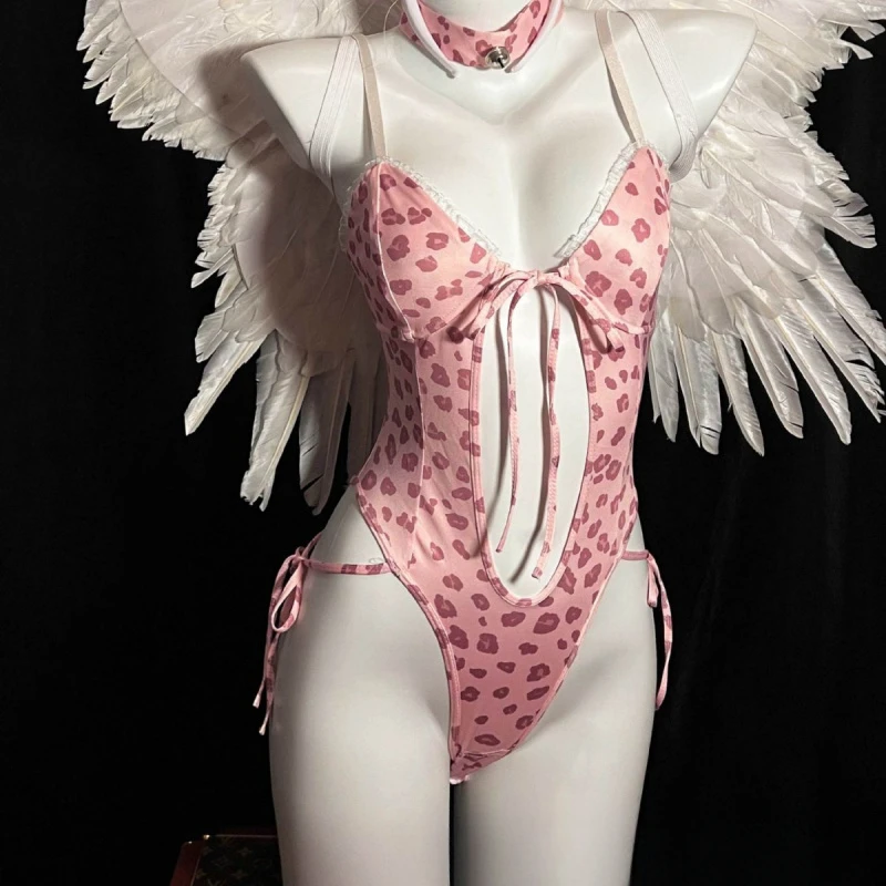 

Униформа кролика для девочек, женское сексуальное женское белье с леопардовым принтом, боди с открытой промежностью, цельный костюм для ролевых игр, розовое нижнее белье для секса