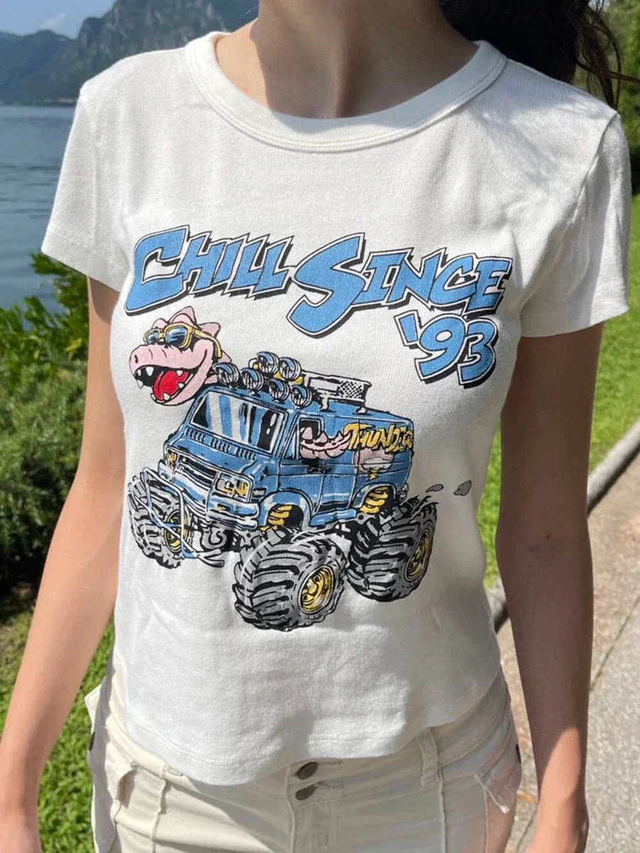 恐竜漫画プリントスリム Tシャツ女性新綿 O ネック半袖 Tシャツ夏アメリカンストリート原宿クロップトップス Y2k