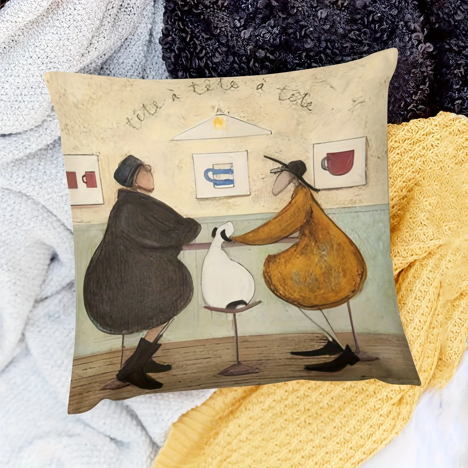 1pc French Cafe Art Pillow Cover, Polyester 2D Double-Sided Print, Tete-a-Tete Couple & Dog Painting, Parisian Themed Home Decor