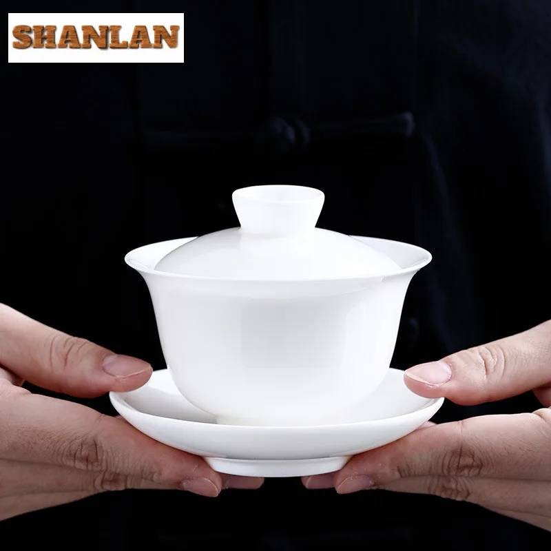 190ml Mutton Fat Jade Three Talents Gaiwan Zen Ceramic Anti-scald Cover Bowl Elegant Tea Tureen Tea Maker Chinese Teaware Craft