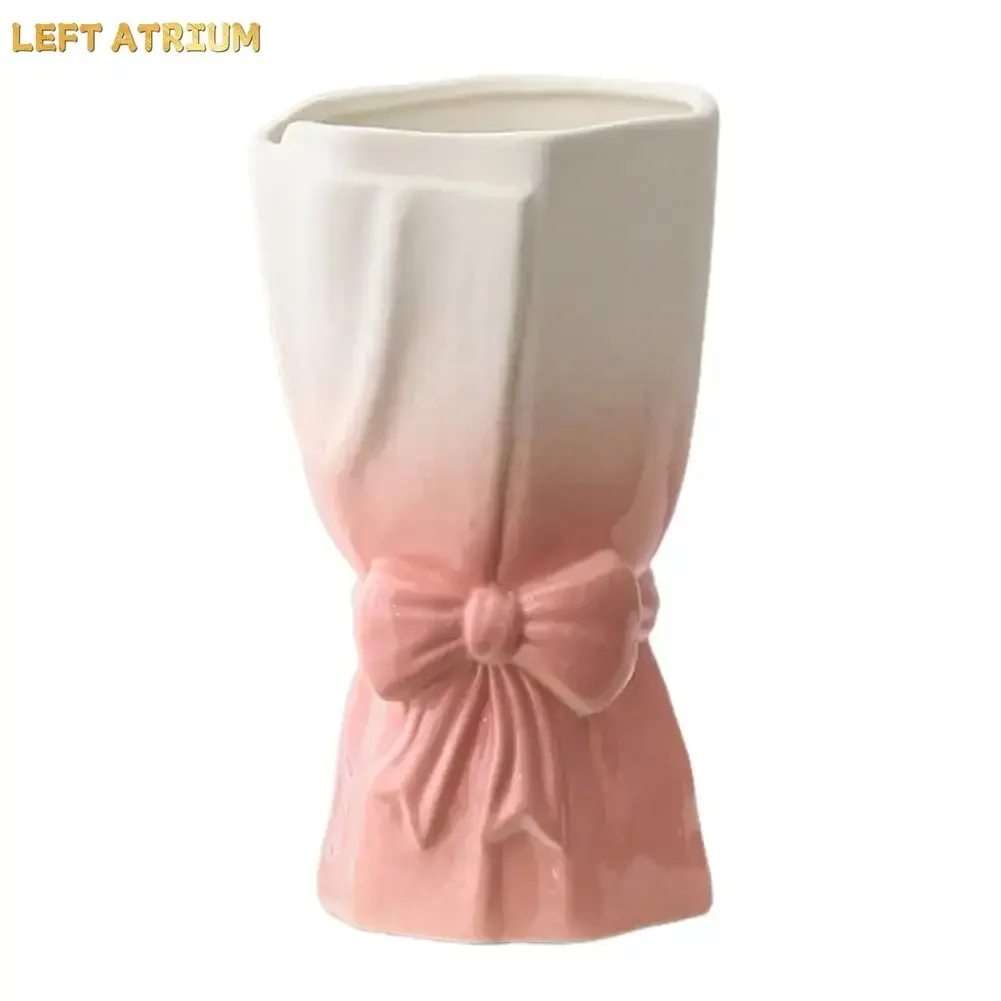 Ceramic Flower Vase with Bow Donut Shape Vase Flower Arrangment for Wedding Valentine's Day Home Decor