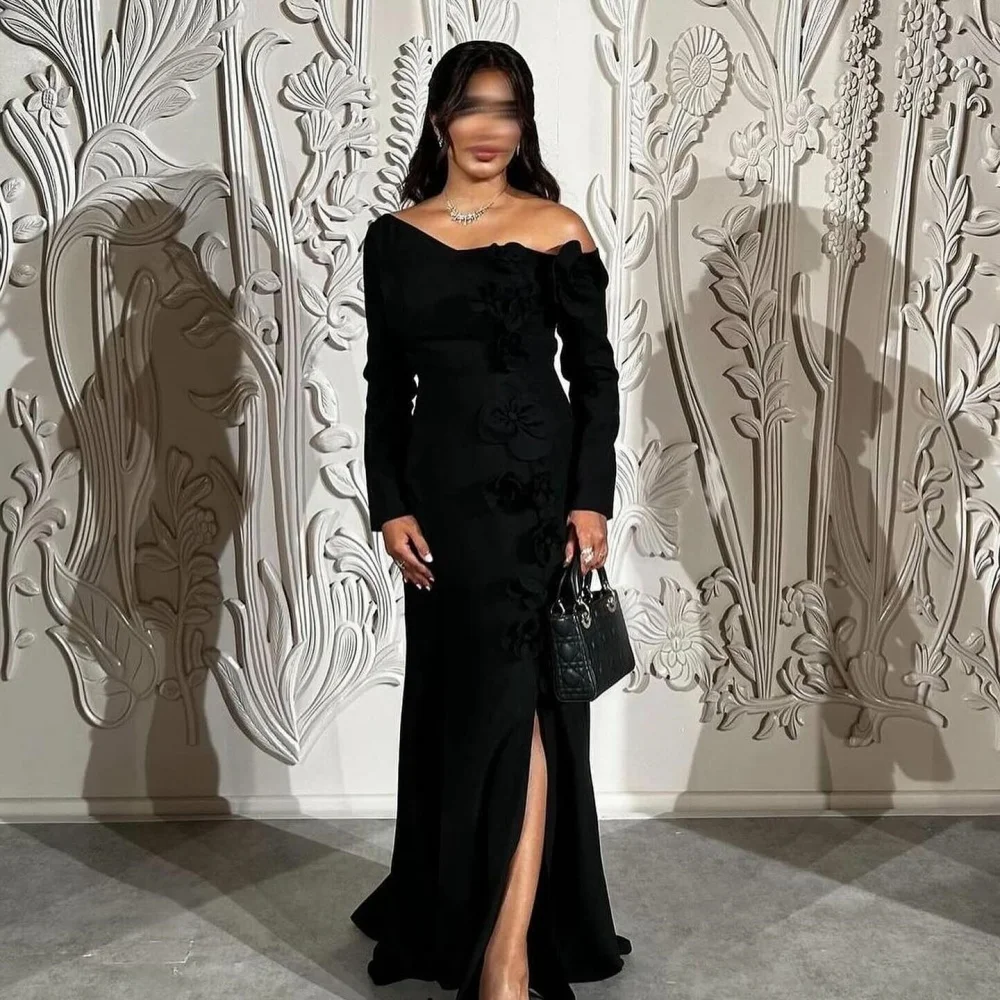 Bella Customized Black Side Slit Long Sleeves robes de soirée Backless Evening Dresses Floor-Length One Shoulder Wedding Dress image 2
