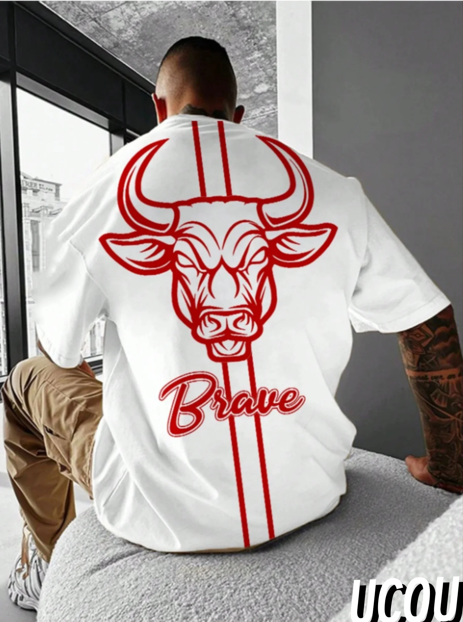 Bull head print Casual Graphic T-Shirt Short Sleeve Sports men's T-shirt Unisex Casual Daily Wear Summer Men's Racing T-shirt