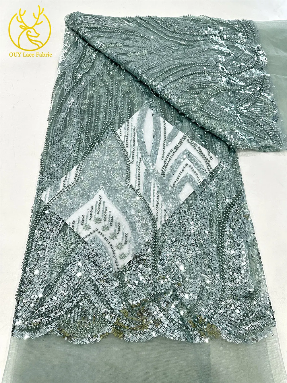 高級フレンチスパンコールレース生地アフリカビーズレース生地ナイジェリアメッシュチュールレース生地レディースウェディングパーティードレス縫製