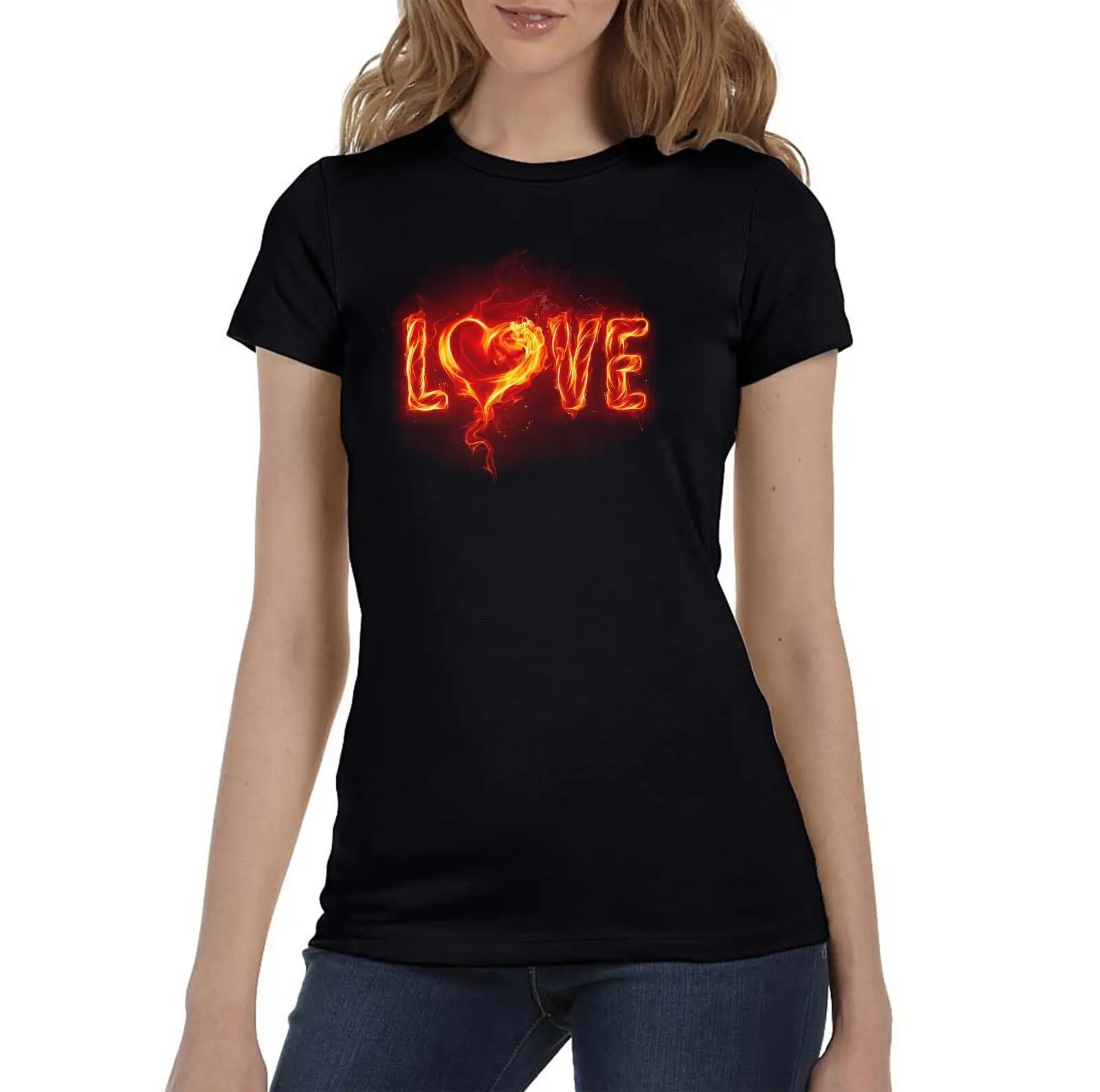 

Женская черная футболка Love on Fire Valentines (S-XL)