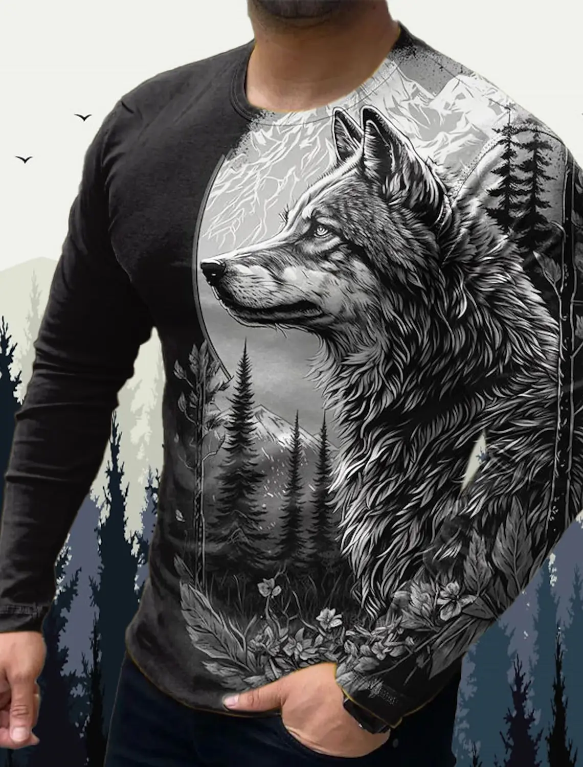 Men\'s Long Sleeve Wolf Graphic T-shirt for Men Clothing Summer Casual Top Tee Shirt Fashion Animal 3D Full Printing Streetwear