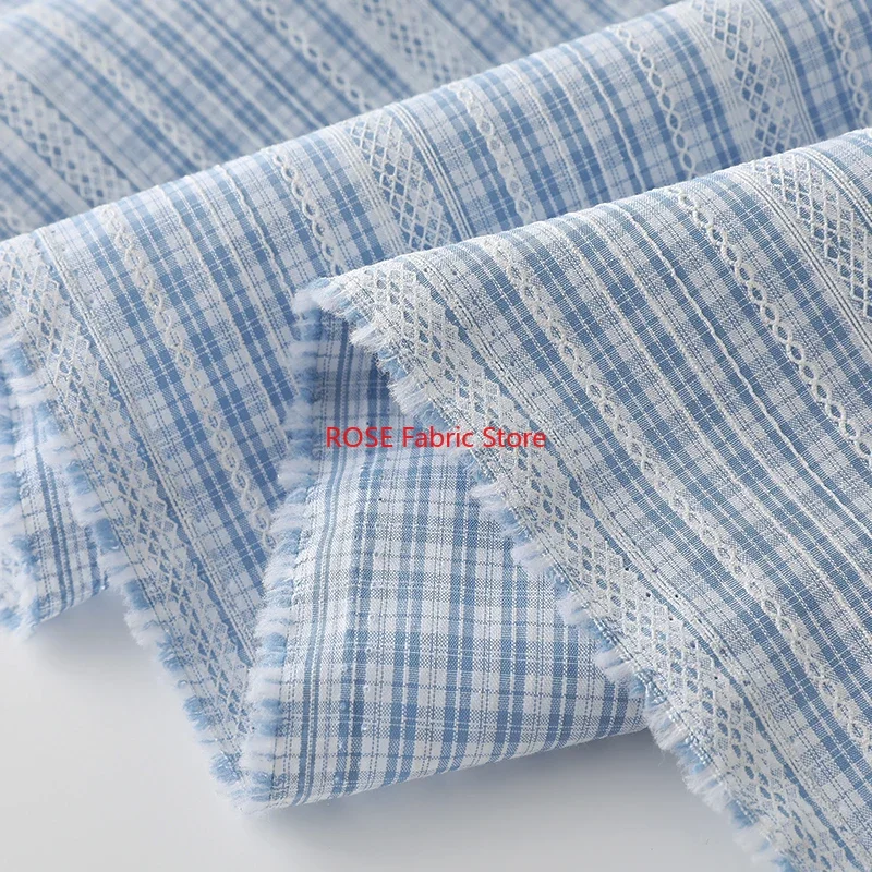 

Ins Style Blue and White Plaid Printed Striped Fabric for Spring and Summer Shirt Dresses Handmade DIY Fabric