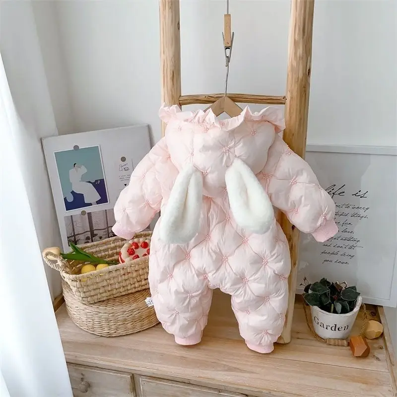 Autumn Winter Children Baby Girls Cotton Floral Jumpsuits Zipper Cute Rabbit Chic Baby Overalls Kids Hooded One-piece pants
