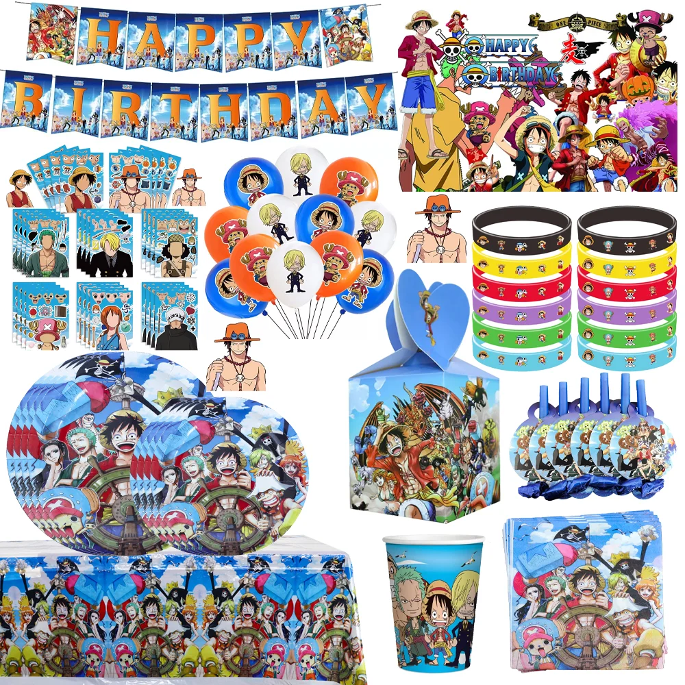 Kit de Festa de Aniversário One Piece: Balões do Luffy, Sacolas de Presente, Pratos, Copos, Toalha de Mesa, Guardanapos, Brinquedos Infantis e Artigos para Chá de Bebê
