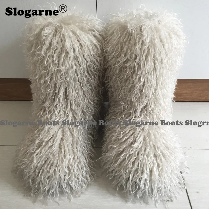 2024 Women Winter Snow Boots Outdoor Faux Wool Boots Luxury Furry Curly Fur Boots Woman Plush Warm 3CM Platform Shoes Large Size