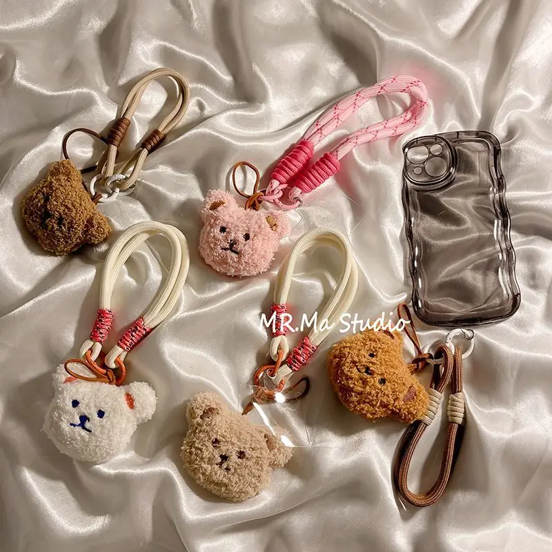 Cute Korean Christmas Plush Bear Head Short Mobile Phone Lanyard Handheld Anti-Loss Hand Strap Hang on Wrist Pendant