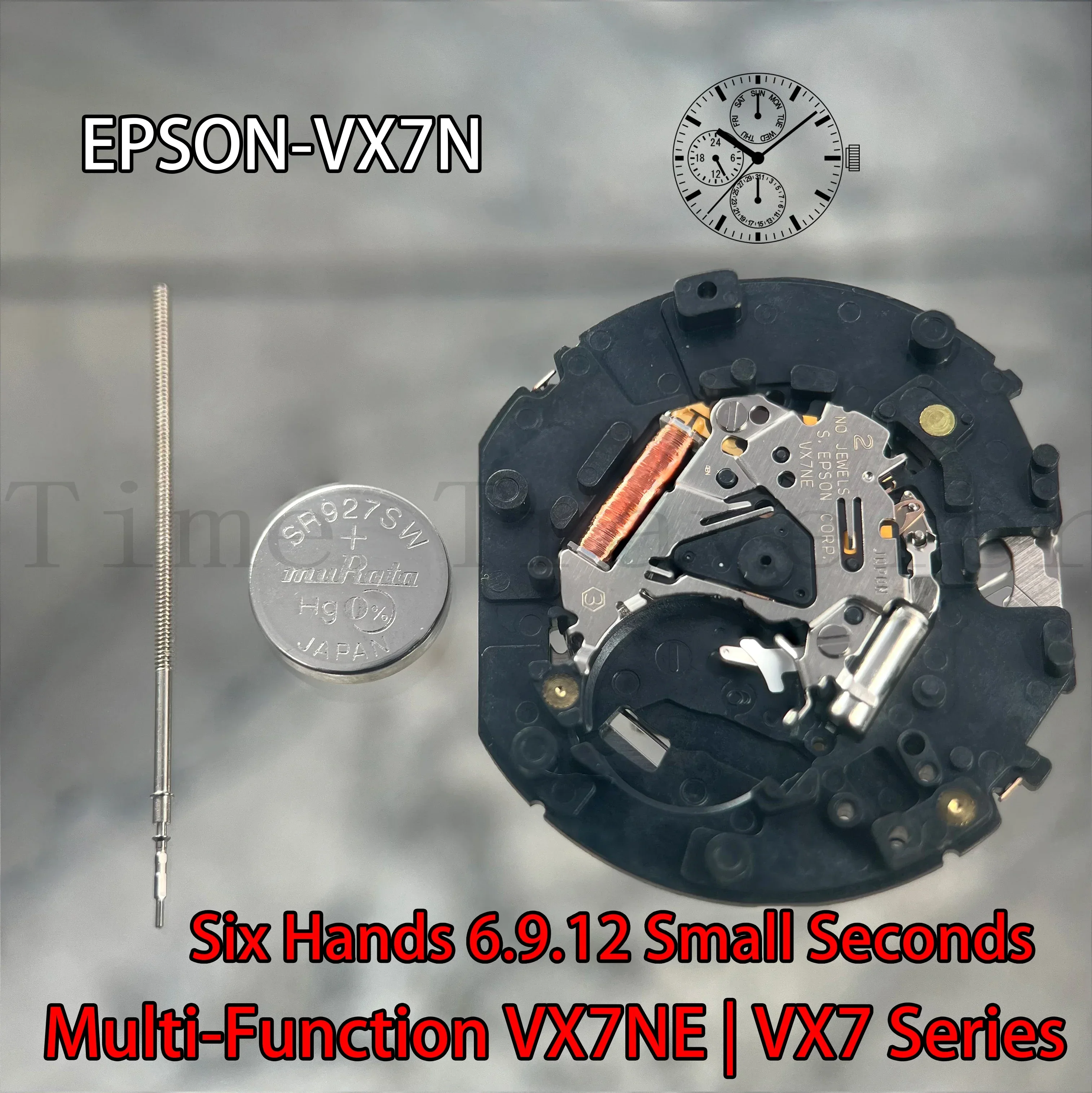 VX7N Movement Epson VX7N movement  VX7 Series Quartz Movement 6.9.12 Small Seconds Size:12 3/4''' 6 Hands Day / Date / 24 Hour