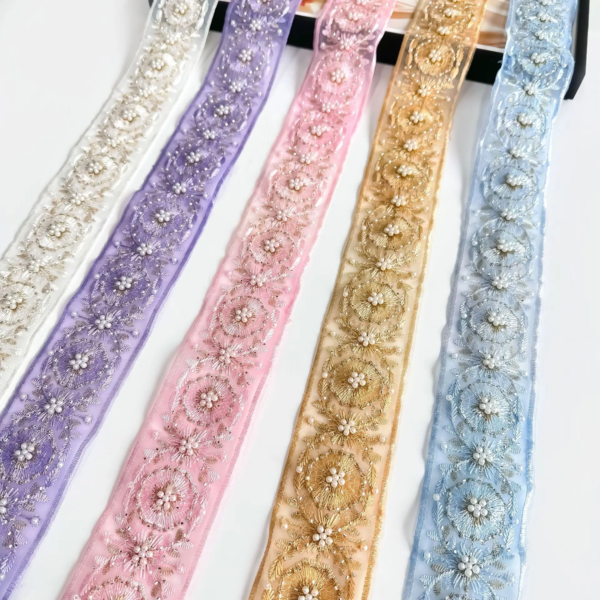 

Embroidery mesh lace three-dimensional bead lace clothing sewing hair accessories headscarf collar DIY accessories