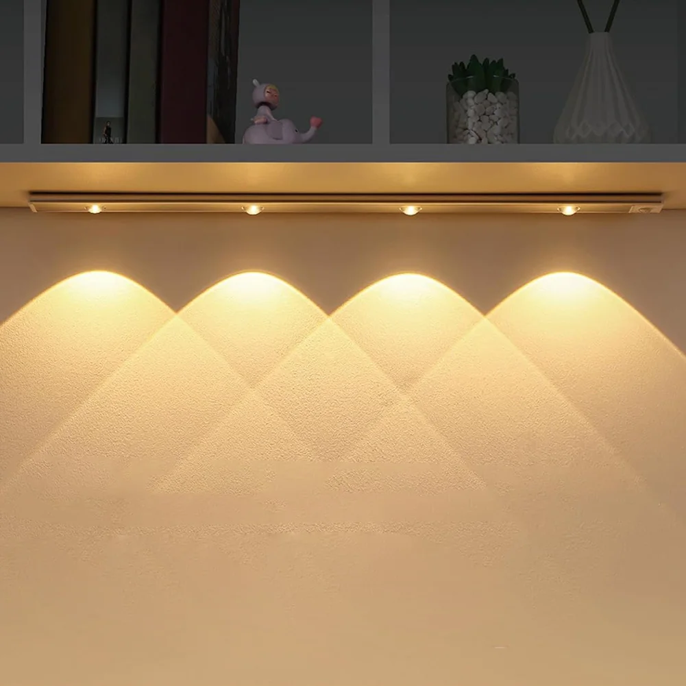 

Подсветка под шкафом, светодиодный светильник с датчиком движения, 3-цветный перезаряжаемый светильник с регулируемой яркостью для шкафа, кухонный ночник для лестницы, коридора