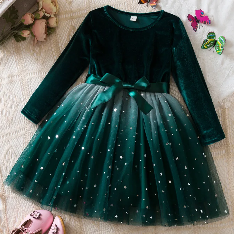 Foreign trade European and American girls' new dress Christmas gold velvet long sleeved star mesh children's dress holiday style