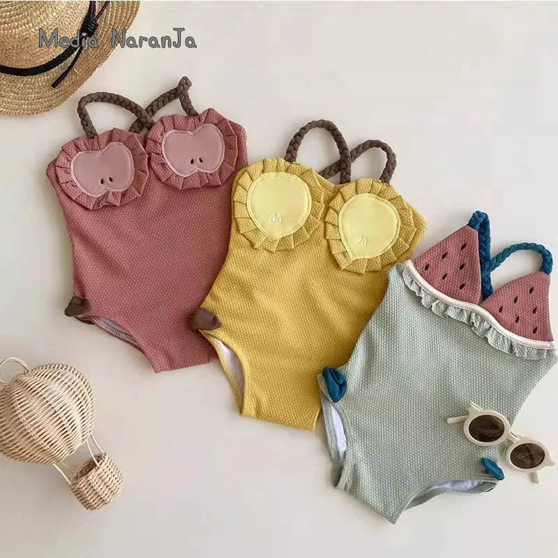 

Лето 2029, новый купальник с фруктами для девочек, детский тонкий стильный цельный купальник на подтяжках для малышей