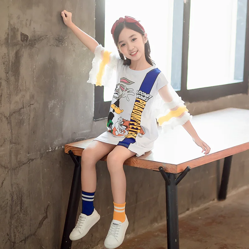 Dress Girl 2024 Summer New Korean Style Flare Sleeve Mid-Length Top Comfortable Cotton All-Matching Cute