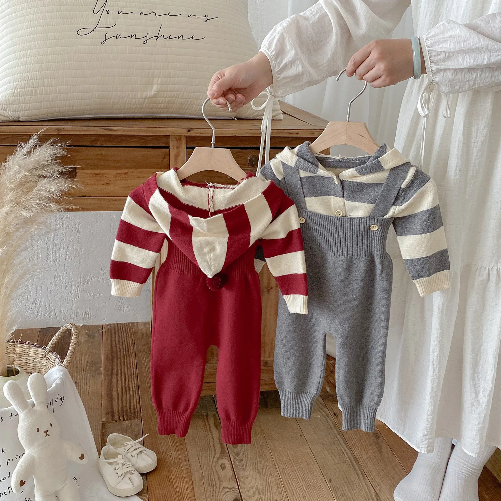 Infant Baby Boys Girls Clothing Spring Autumn New Sweater Set Long Sleeves Button Striped Hooded Knit Cardigan with Overalls