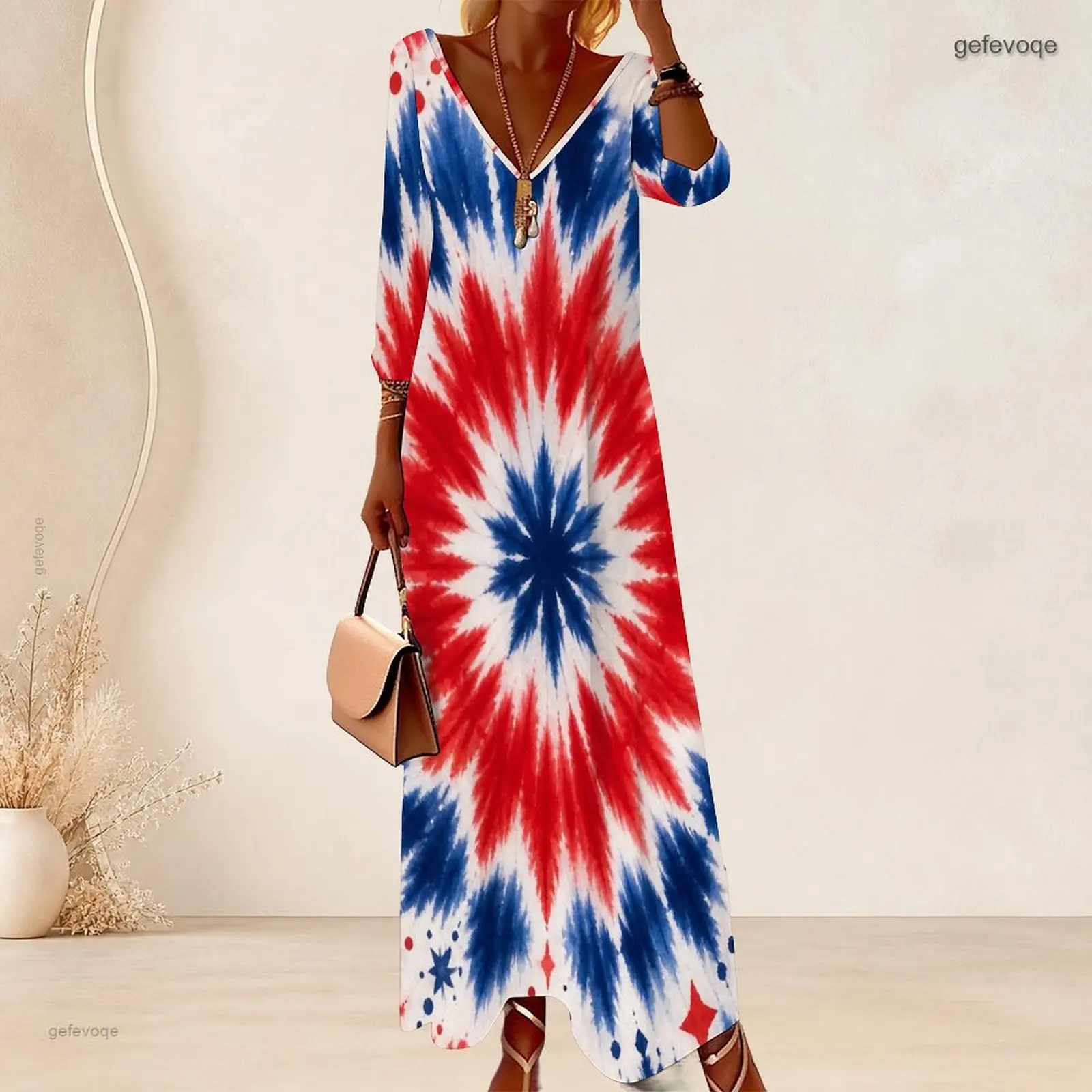 Women Deep V Neck Maxi Dress 3/4 Sleeve Loose Straight Long Dress Custom Print Casual Vacation Beach Ladies Floor Length Dress