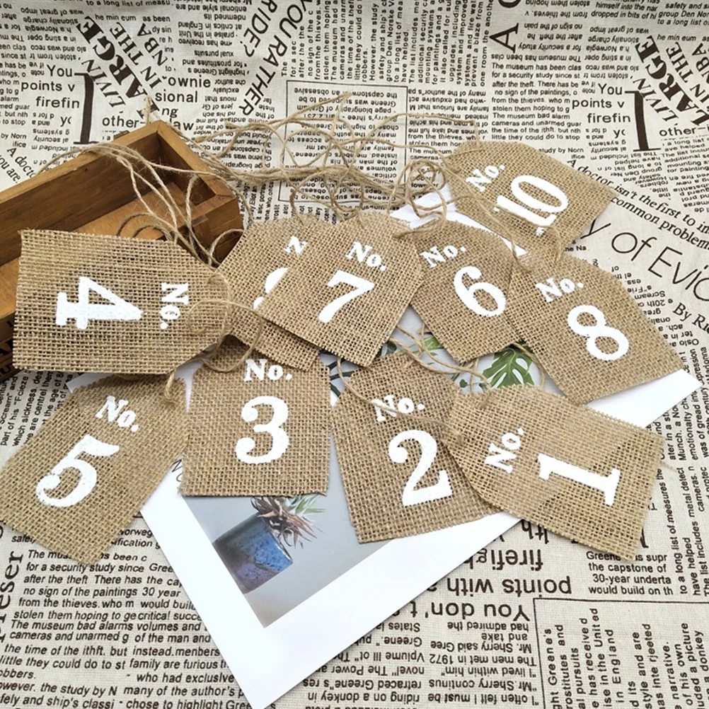 

10 Pcs Burlap Card Flags Eco Friendly Tags Beige Table Numbers Signs Wedding Seat Cards Party Decorations