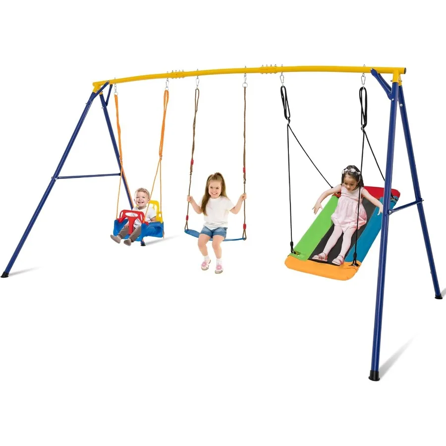 

660 lbs Swing Sets for Backyard 3 Seat Heavy Duty Metal A-Frame Swing Stand w/Platform Swing Belt Swing Baby Swing Playground S