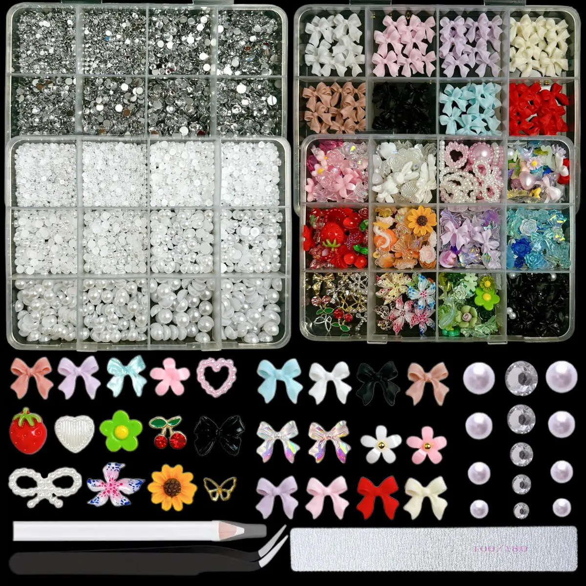 1 Set Of 4 Boxes Multi Style Rhinestone Simulation Pearl Nail Art Charm Colorful Flower Rose Bow Nail Art Decoration DIY Crafts