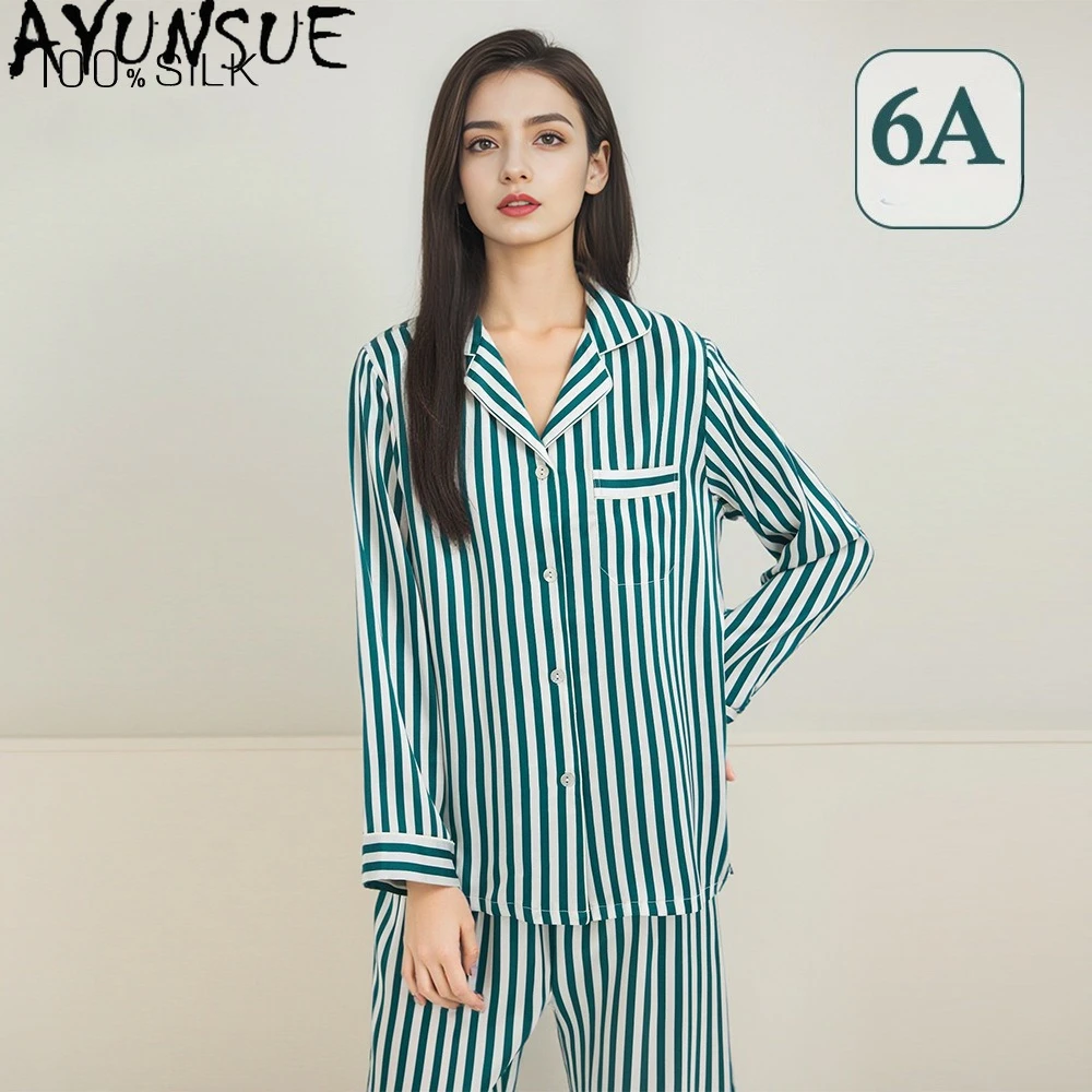 

AYUNSUE Real Mulberry Silk Sleepwear Women Home Clothes 19MM 100% Silk Pajama Set Striped Spring Summer Long Sleeve Top Pants