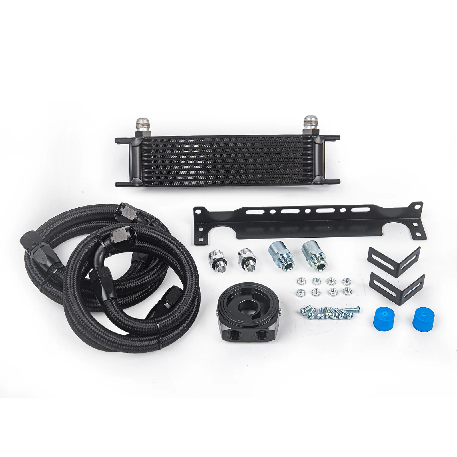 Universal 10 row oil cooler kit+oil filter interlayer adapter+nylon stainless steel braided AN10 hose+mounting bracket black