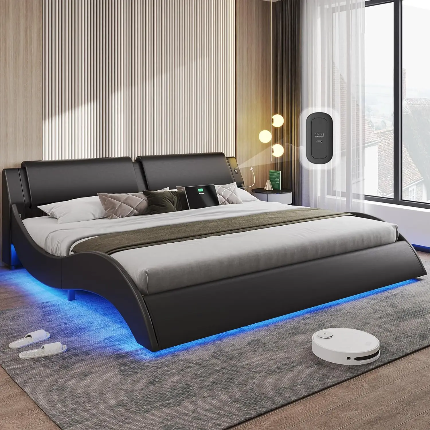 King Size Bed Frame with Headboard and Charging Ports Modern LED Lights Wave Like Curve King Led ,Wood Slats Support, Black