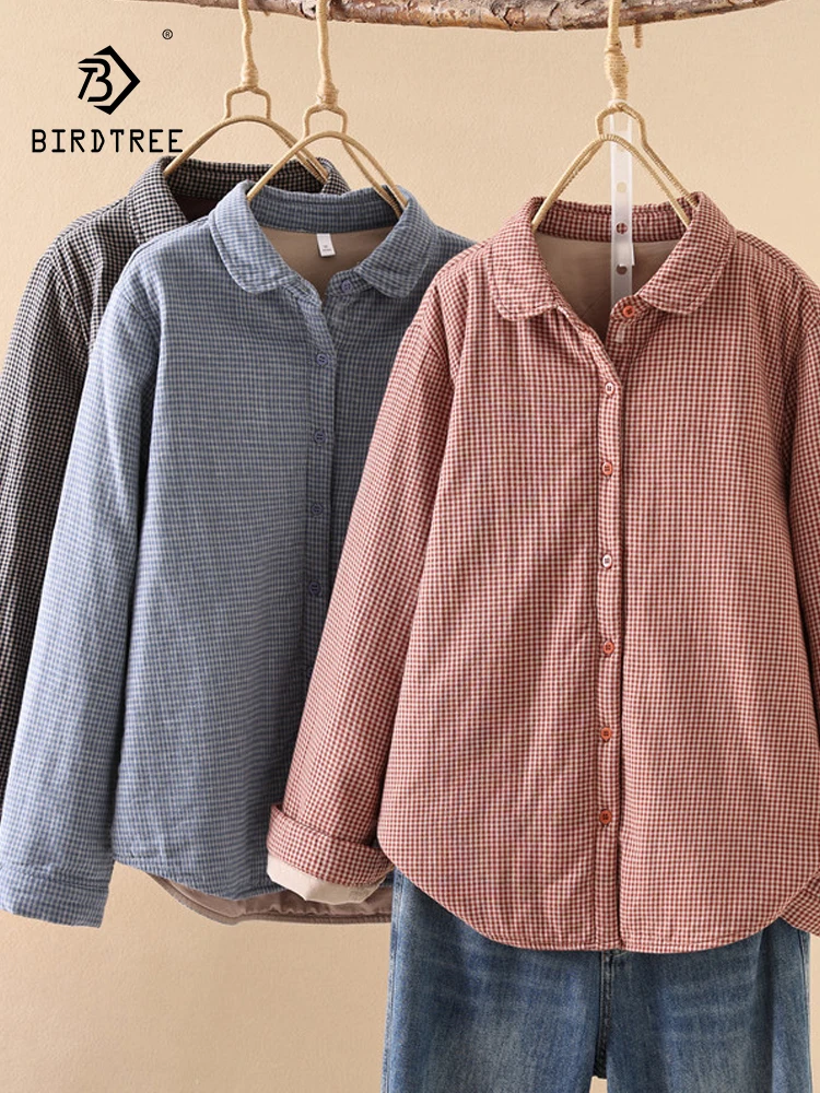 

Новая зимняя рубашка с хлопковой подкладкой 2025, женская клетчатая рубашка с отложным воротником, модная теплая свободная верхняя одежда Mori Girl на рабочем месте C5N758CC