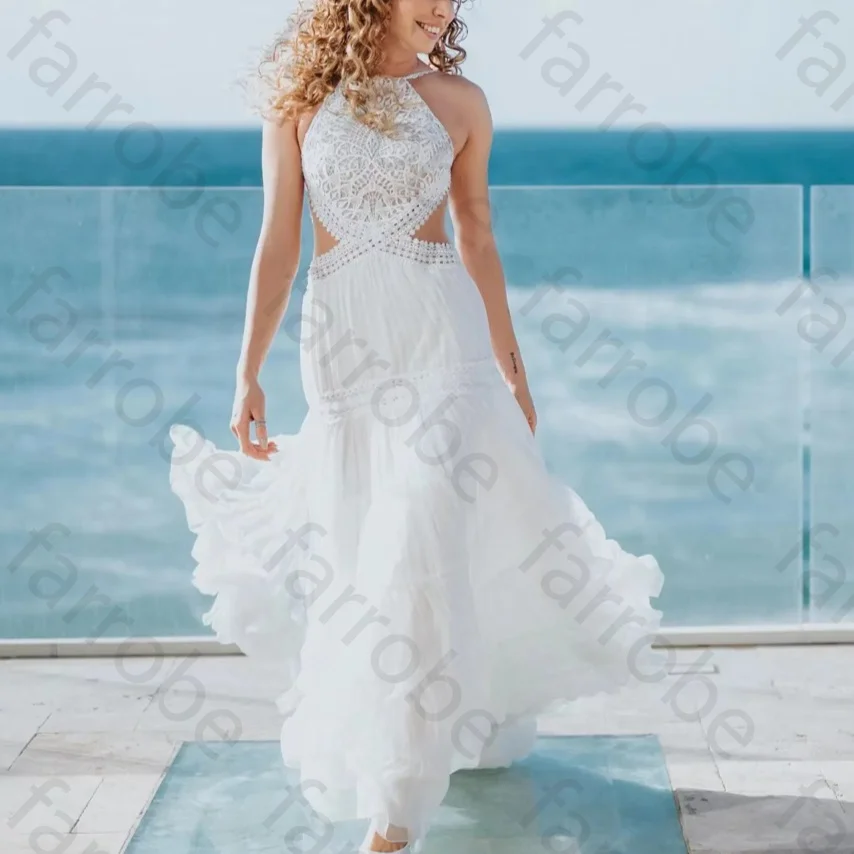 Customized Halter Neck A Line Floor Length Chiffon Wedding Dress Sleeveless Crochet Lace Cutout Tiered Ruffle Bridal Gowns