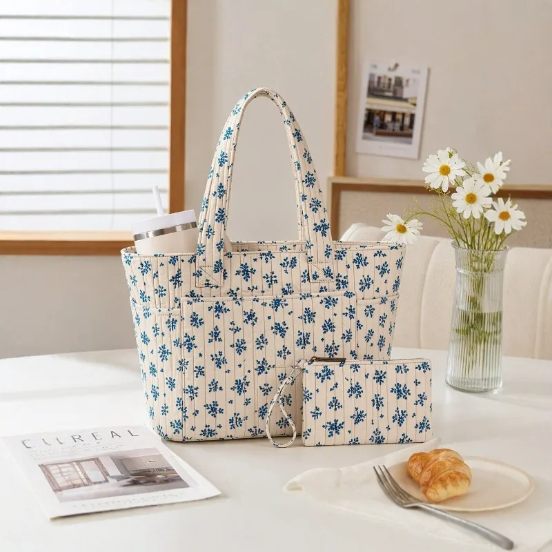 New Floral Quilted Tote Bag for Women  Large Capacity Multi-Pocket Commute Handbag Mommy Diaper Bag