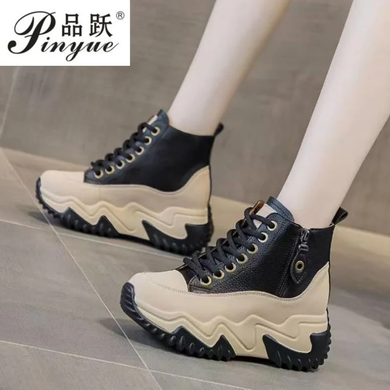 New Autumn High Top Women Sneakers 6.5CM Platform Leather Shoes Wedge Hidden Heels Zip Winter Chunky Sport Shoes Woman Sneakers