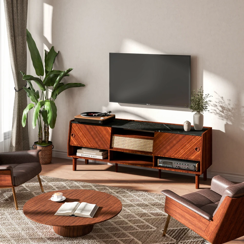 TV-Ständer, Mid-Century Modern mit Rattan-Schublade, Ablageflächen, große Boho-Medien-TV-Konsole, Fernsehständer für das Wohnzimmer