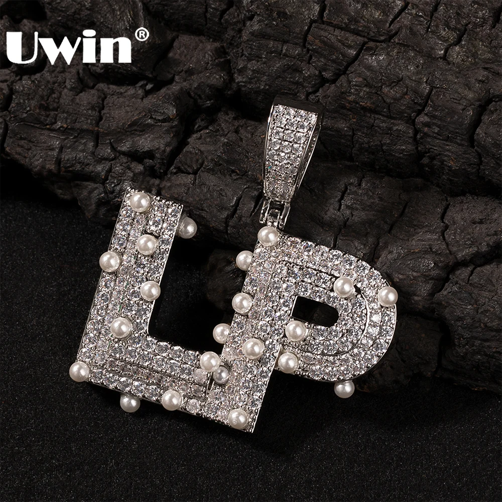 

UWIN Custom Bold Font Letters Pendant Necklaces Iced Cubic Zirconia Imitation Pearls Personalized Name Necklace Fashion Jewelry