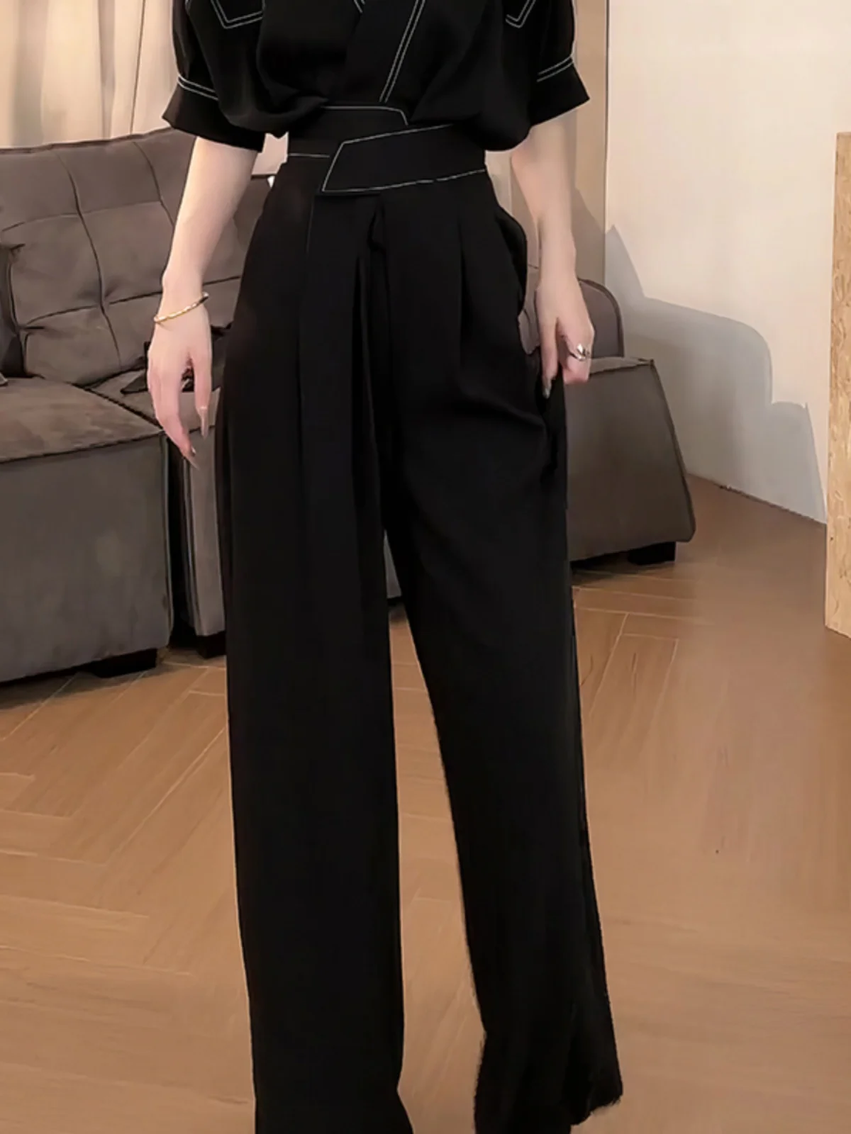 กางเกงขายาวทรงตรงเอวสูงแบบอสมมาตร สไตล์ลำลองสำหรับผู้หญิง เหมาะสำหรับใส่ทำงานหรือใส่เที่ยว  รุ่นใหม่  กางเกงเอวสูง