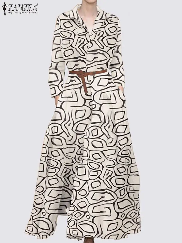 

ZANZEA 2023 Summer Elegant Shirt Dress For Women Chic Lapel Floor Robe Printed Maxi Dresses Casual Holiday Party A Line Vestidos