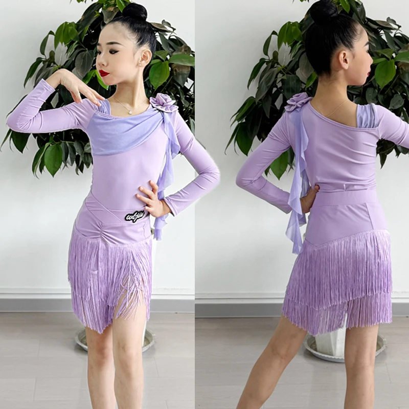 

Платье с бахромой, юбка, детский стандартный костюм для латинских танцев, платье для сальсы и латинских танцев для девочек, платья для соревнований по бальным танцам, детские платья