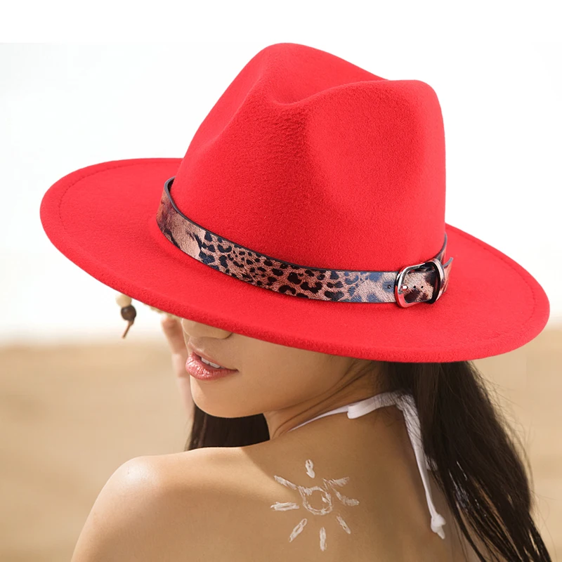 Women Men Cowboy Hat Leopard Print Belt Decor Wide Brim Western Cowgirl Cap Jazz Hat Halloween Props Festival Party Cap